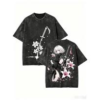 Vintage Washed Nier Automata 2B YoRHa Game Character Print T‑Shirt Unisex Short Sleeve Men Women Casual Loose Streetwear Tops XL black