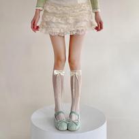 Bow Tie Thigh-high Socks Spring and Summer Thin Lolita Perforated Mesh Ribbon Knee-length Pile Calf Socks 1 pair smėlis