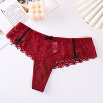 Women's Sexy Lace Trim Thong with Bowknot and Cutout Design - Plus Size Medium rožinė raudona spalva