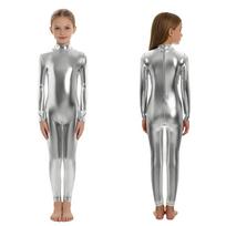 Vaikiškas unisex blizgus metalinis kostiumas, ilgomis rankovėmis, su paaukštintu kaklu, pilno kūno maudymosi kostiumas Helovinui ir šokio vaidmenų žaidimams 8-10 Years sidabras