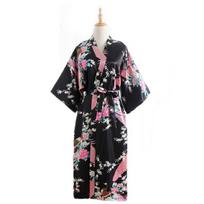 Moterims Skiautinio Rašto Chalatas Dirbtinio Šilko Japoniškas Kimono Atviras Dizainas Elegantiški Patogūs Namų Drabužiai one size juoda
