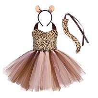 Kids Animal Ears Headband Tie Tail Tutu Dress Set Cosplay Halloween Costume Birthday Party Gift Hair Band Christmas Prop 5T6T beige