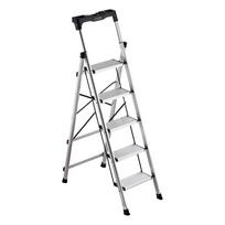 5 Step Ladder, Folding Step Stool with Wide Anti-Slip Pedal and Comfort Handgrip, 150 kg Capacity Portable Aluminum Stepladder, Multi-Use for Kitchen,