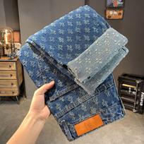 The main promotion of the new washed jacquard jeans men's summer trendy brand loose straight casual breathable pants men's clothing M gray
