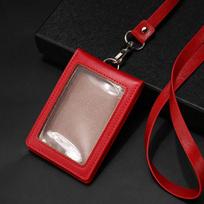 Foldable Leather ID Badge Holder with Velcro Closure for Work, School, and Bus Cards red