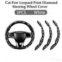 Shining Leopard Print Diamond Car Universal Steering Wheel Cover Luxury Colorful Gold-plated Diamond Sparkling Steering Wheel 3PCS White gray