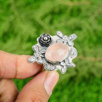 Dovana jai 925 sidabro natūralus rožinis kvarcas sukraunamas gėlės reguliuojamas žiedas Adjustable white