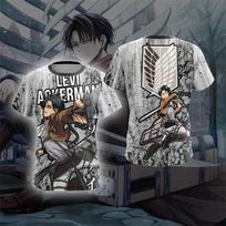 Anime „Attack on Titan“ Levi Ackerman grafiniai vyriški marškinėliai su 3D manga spausdintais marškinėliais, vasariniai apvalios iškirptės laisvalaikio stiliaus harajuku marškinėliai. L black