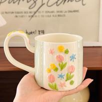 Embossed Tulip Mug High Handled Flower Ceramic Mug  High Value Coffee Mug  Household Milk Mug  Souvenir 380ml beige
