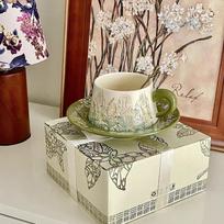 Retro Garden Oil Painting Ceramic Coffee Cup Lily of The Valley and Lily Flower Household Water Cup Gift Box As A Souvenir 260ml gray