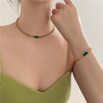 Emerald Gemstone Double Layer Choker Necklace Gold Bracelet brown