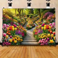 2D Flat Printing Colorful Tulip and Flower Garden Backdrop 47.2x31.5inch/120*80cm yellow