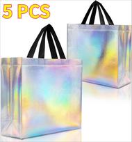5/10/15 PCS Iridescent Gift Bags with Handles Glossy Shimmer Reusable Tote Stand Up Base for Wedding Birthday Party Favors 32x27x10cm gray