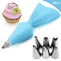 8PCS/bag Silicone Icing Piping Cream Pastry Bag + 6 Stainless Steel Cake Nozzle DIY Cake Decorating Tips Fondant Pastry Tools white