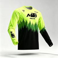 Men MTB Mountain Bike Long Sleeve Jersey Forest Print Crew Neck Cycling Shirt Off‑Road Downhill Racing Breathable Outdoor XL