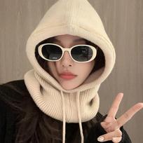 Solid Color Balaclava Hat Drawstring Neck Collar Beanies Cap Fashion Knitted Hooded Cap  Outdoor smėlis