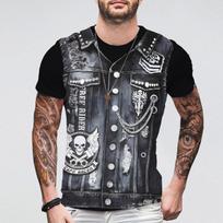 Džinsų striukė 3D Spausdinti marškinėliai Vyrams Negabaritiniai trumpomis rankovėmis Drabužiai Oda marginti apvaliu kaklu Vintage Summer Biker Striukė 3XL black