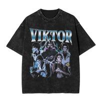 Anime Arcane Viktor Glorious Ovulation Graphic T Shirt Men Vintage Washed Cotton T-shirts Casual Oversized T-shirt Harajuku Tops S gray