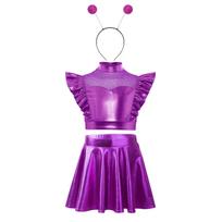 Mergaitės Cosplay Kostiumas Ateivis Metalinis Drabužis Cirkonio Akmenukai Berankovis Klostuotas Trumpas Viršus A formos Sijonas Plaukų Lankelis Rinkinys 11-12 Years violetinė