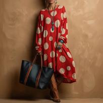 Women's Retro Polka Dot Long Sleeve Loose Fit Crewneck Dress M raudona