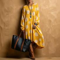 Women's Retro Polka Dot Long Sleeve Loose Fit Crewneck Dress XL geltona