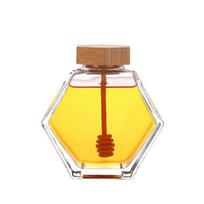 Hexagon Cork Lid Transparent with Wooden Dipper Dispenser Storage Container Honey Pot Honey Jar 220ml yellow