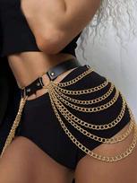 Gotikinis Punk Juodas PU Odos Diržas su Kutais, Reguliuojama Grandinėlė Juosmeniui (Harness) Moterims, Rockabilly Helovino Festivalio Aksesuaras 99cm
