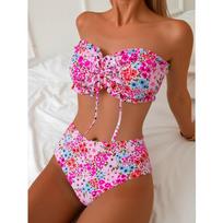 Split tube top fungus edge neck swimsuit set bikini XL brown