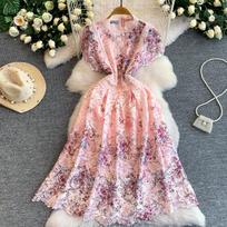 Elegant Lace Embroidery Hollow Out Prom Dress Women Short Sleeve Slim High Waist French Vintage Floral Midi Party Dress S rožinė