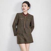 High-Quality Gold Thread Herringbone Wool Jacket & Shorts Women's Autumn/Winter Set Extra Large gray