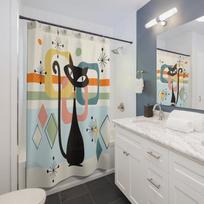 Mid-Century Modern Atomic Cat Shower Curtain - Light Beige Design, Unique Wedding & Housewarming Gift W90xH180cm gray