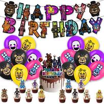 34 vnt. Five Nights at Freddy's vakarėlio reikmenys apima torto viršūnėlę, balionų girliandą ir banerį. purple