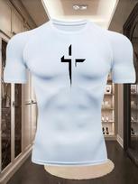 Mens White Compression Short Sleeve T-Shirt Black Stylized Cross Graphic Quick Dry Breathable High Elasticity Christian Gym And Running Athletic Top XL balta