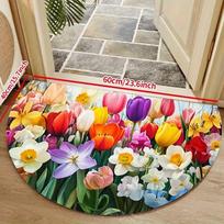 1Pcs Tulip & Daffodil Semi Circle Welcome Doormat Non-Slip for Outdoor Patio Porch Kitchen Bathroom Entryway Floor Mat 40X60CM white