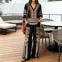 Holiday style v-neck loose two-piece top wide-leg pants two-piece women's clothing European and American fashion suit XXXL black