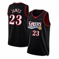 Vyriški krepšinio marškinėliai Philadelphia 76ers LeBron James stiliaus Siuvinėtas komandinis sportinis marškinėlis Žiemos apranga Large black