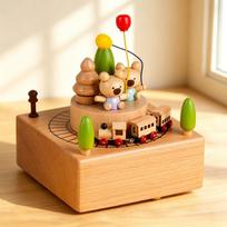 Wooden Music Box DIY Craft Kit Kids Birthday Gift Handmade Rotating Carousel Christmas Decor Bear Fire Truck Gift Box beige