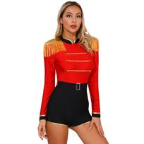 Women Circus Costume Ringmaster Tulle Skirted Tutu Leotard Dress Festival Long Sleeve Fringed Shoulder Halloween Fancy Costume S red