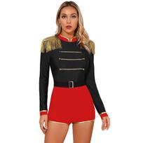 Women Circus Costume Ringmaster Tulle Skirted Tutu Leotard Dress Festival Long Sleeve Fringed Shoulder Halloween Fancy Costume L black