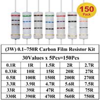 1W 2W 3W 5W anglies plėvelės rezistorių diapazono rinkinys rezistorių rinkinys omų spalvos žiedo varža (0,1 omo - 820 omų) (1K omų – ​​750 000 omų) 3W 0.1~750R 150Pcs