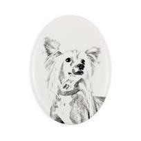Kinų kuoduotasis šuo, Pūfas - atminimo lentelė su šuns nuotrauka, antkapis su atspaudu, personalizuota ovali lentelė iš Art-Dog prekės ženklo balta