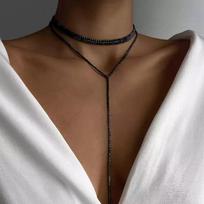 Black Rhinestone Long Tassel Choker Necklace for Women Accessories Fashion Crystal Chain Double Layer Necklace Wedding Jewelry XL1466-B black