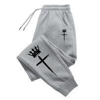 King‑vibe Men Sweatpants Front Simple Blank Leg Motif, Minimal Hand‑style Crown Cross Graphic Joggers for Soft Relaxed Daily Wear 3XL pilka