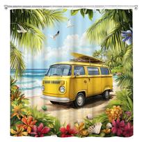 Beach Surf Rv Shower Curtain For Bathroom Decor Surfboard Hawaii Palm Tree Camping Car Ocean Sea Print Bath Curtain With Hooks W60H190(CM)-1 Pcs white