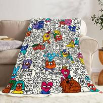 1pc Modern Multicolor Graffiti Flannel Blanket - Soft Lightweight Bedspread Suitable for All- Use, Machine Washable Suitable for Bed, Sofa, Camping, I 100X130CM black
