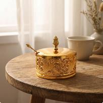 Sugar Bowl Including a Spoon Tone Filigree Sweetener Holder Ornate Seasoning Jar for Hosts, Tea Single Sugar Bowl beige