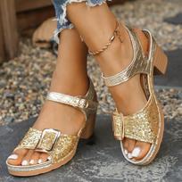 Women's Sequined Velcro-Strap High-Heel Chunky-Heel Peep-Toe Slide Sandals With Buckle Detail, Available In Large Sizes. 41 auksas