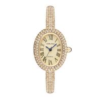 New Luxury Elegant Ladies' Bracelet Wrist Watch Roman Numeral Inlaid Rhinestones Oval Waterproof Women's Quartz Watch Reloj beige