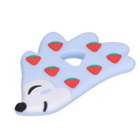 Baby Teether Oral Protection Strawberry Hedgehog Shape Fine Protection Silicone Teether Red and black text white