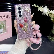 Case for Samsung Galaxy Z Fold 7 6 5 4 3 with Bling Rhinestone 3D Tulip Decoration Detachable Fuzzy Pom Pom Wrist Strap Cover For Women Phone Bumpers for Samsung Z Fold4 rožinė